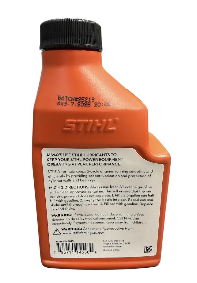 0781 319 8015 – 2-Cycle Engine Oil, 6.4 oz, Makes 2.5 Gallons, Orange Bottle – STIHL Genuine OEM