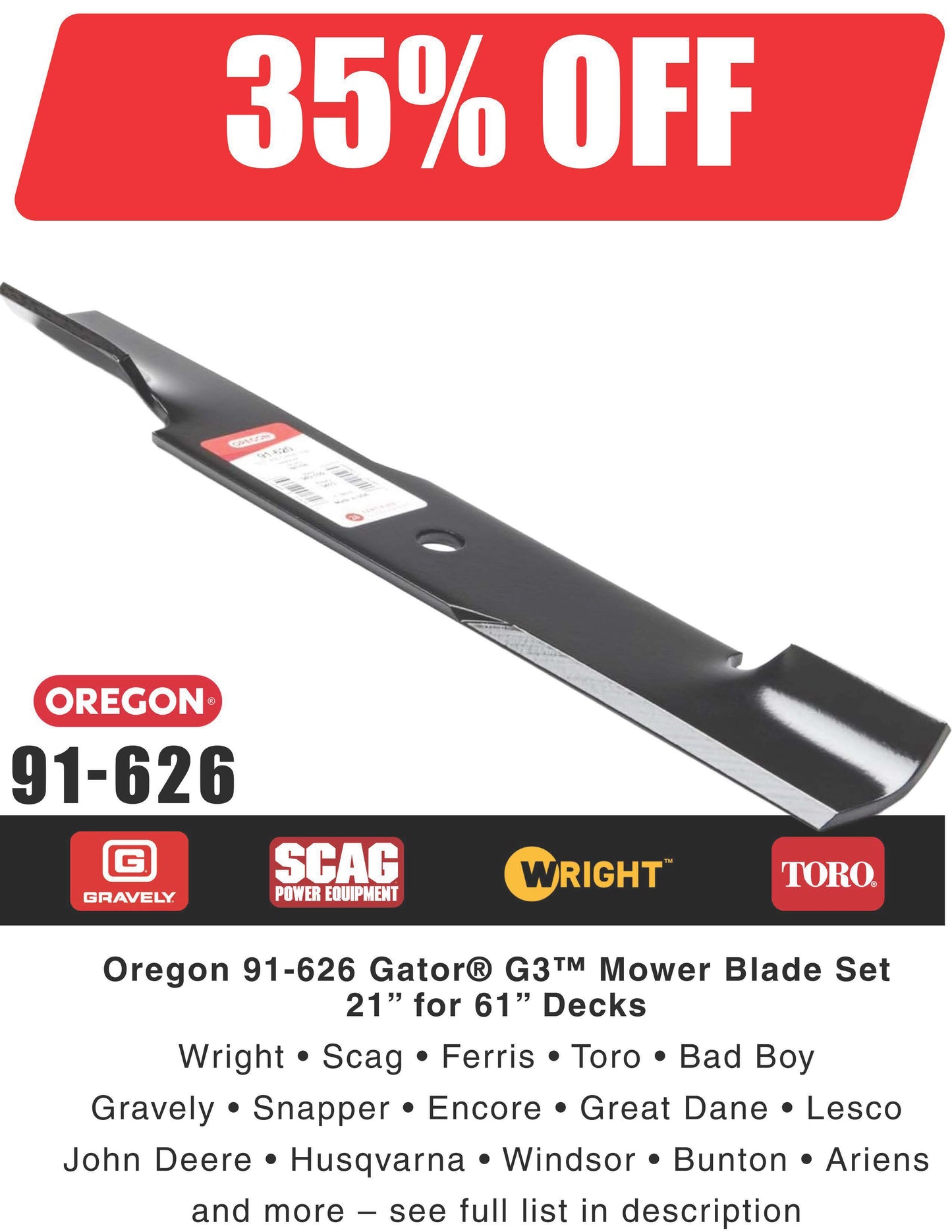 91-626 – Oregon Gator® G3™ High-Lift Mower Blade for 61” Decks (21" Blade)