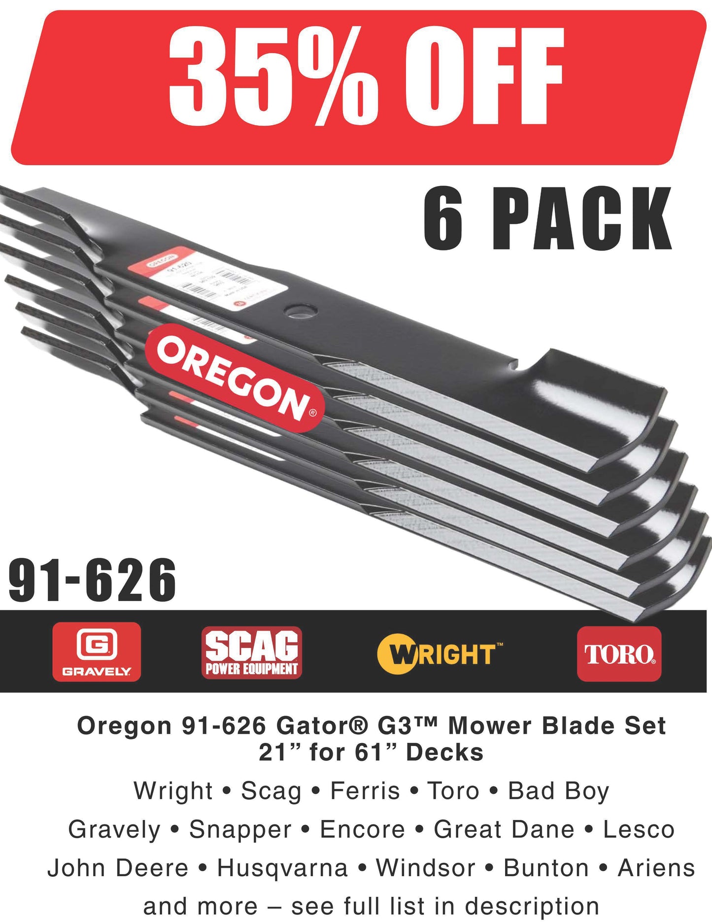 91-626 – Oregon Gator® G3™ High-Lift Mower Blade for 61” Decks (21" Blade)
