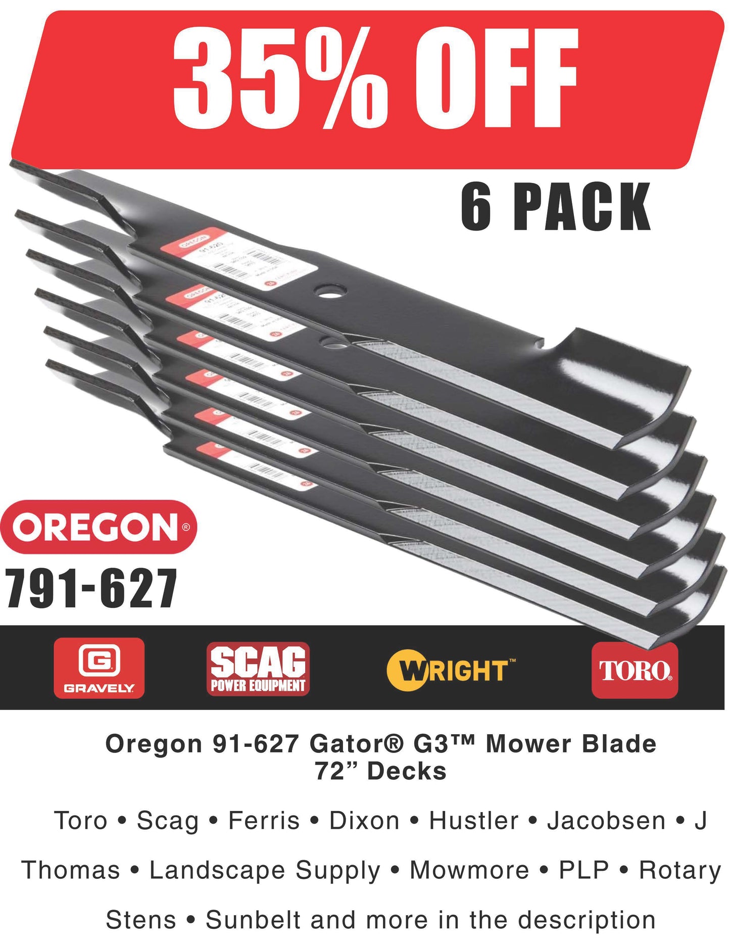 791-627 – Set of 9 Oregon 24-1/2" High-Lift Blades for 72" Mowers