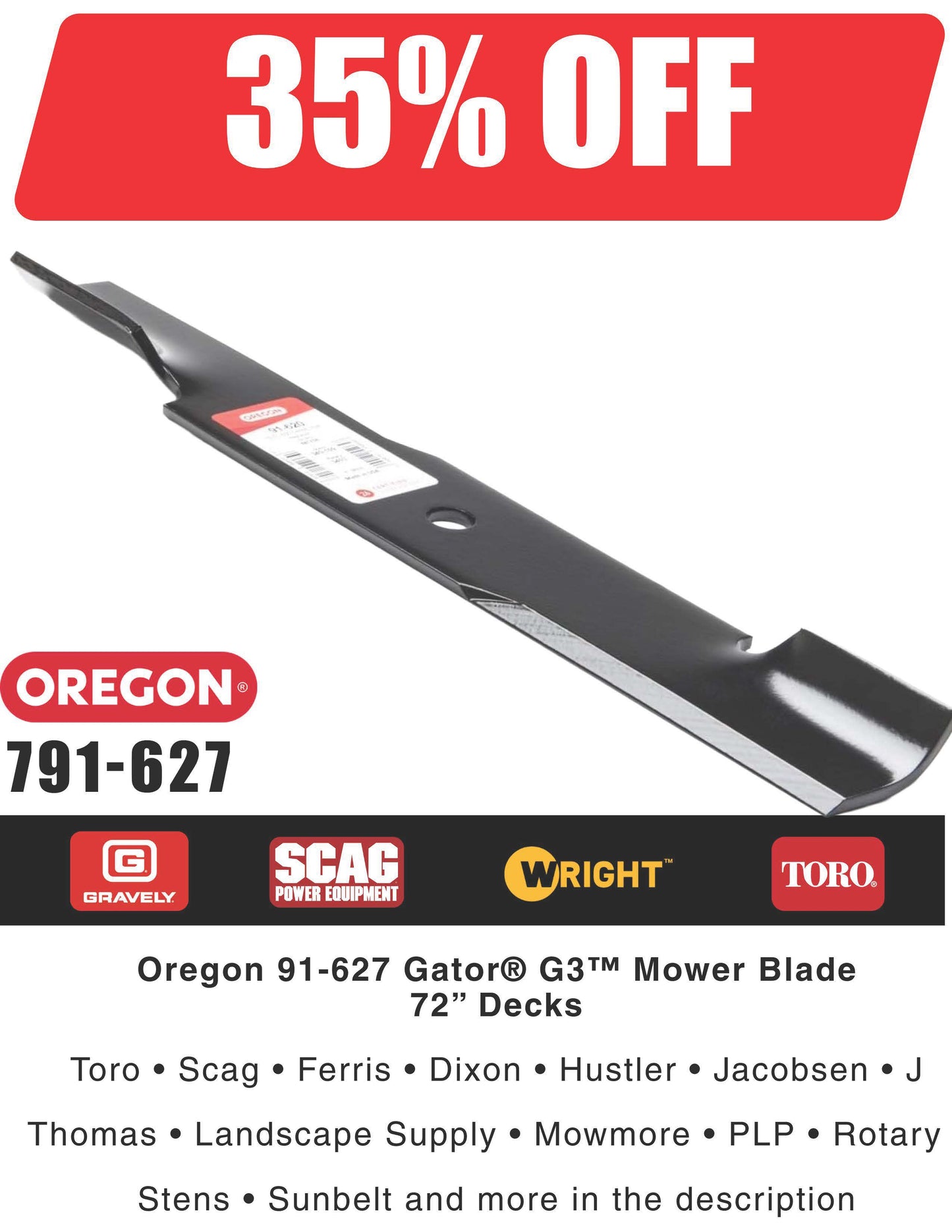 791-627 – Set of 9 Oregon 24-1/2" High-Lift Blades for 72" Mowers