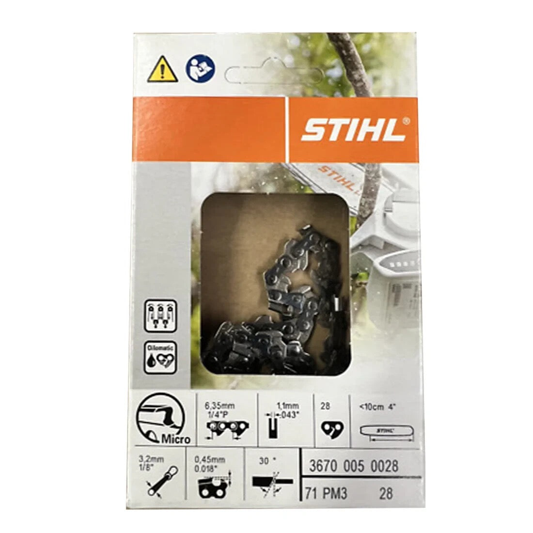 3670 005 0028 – STIHL Chainsaw Chain, 1/4" Pitch, .043" Gauge, 28 Drive Links – Picco Micro 3 for GTA 26