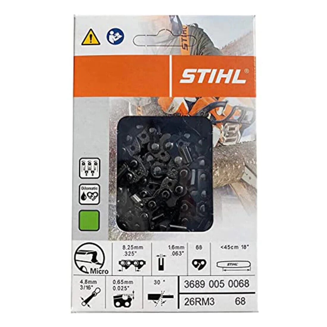 3689 005 0068 STIHL 63 PS3 Saw Chain – 3/8” Picco Pitch, .050” Gauge, 67 Drive Links