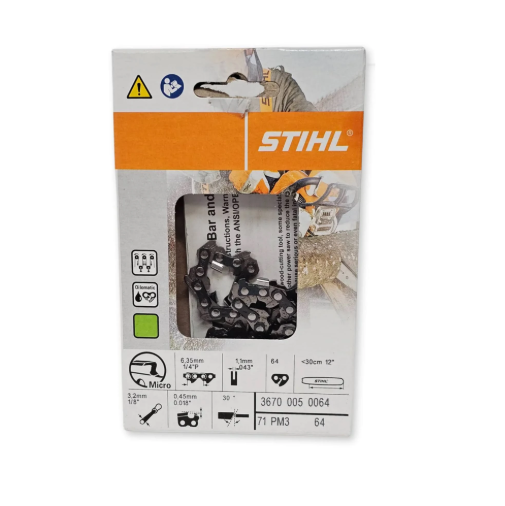 3670 005 0064 STIHL 71PM3 Saw Chain – 1/4” Pitch, .043” Gauge, 64 Drive Links (12”)