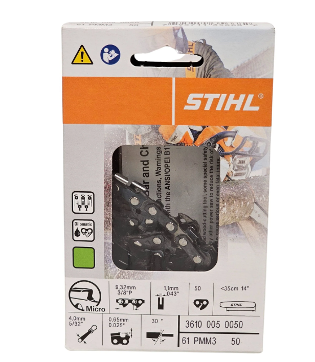 3610 005 0050 – STIHL 14" Saw Chain, 3/8" Picco Pitch, .043" Gauge, 50 Drive Links – 61PMN3 Low-Kickback