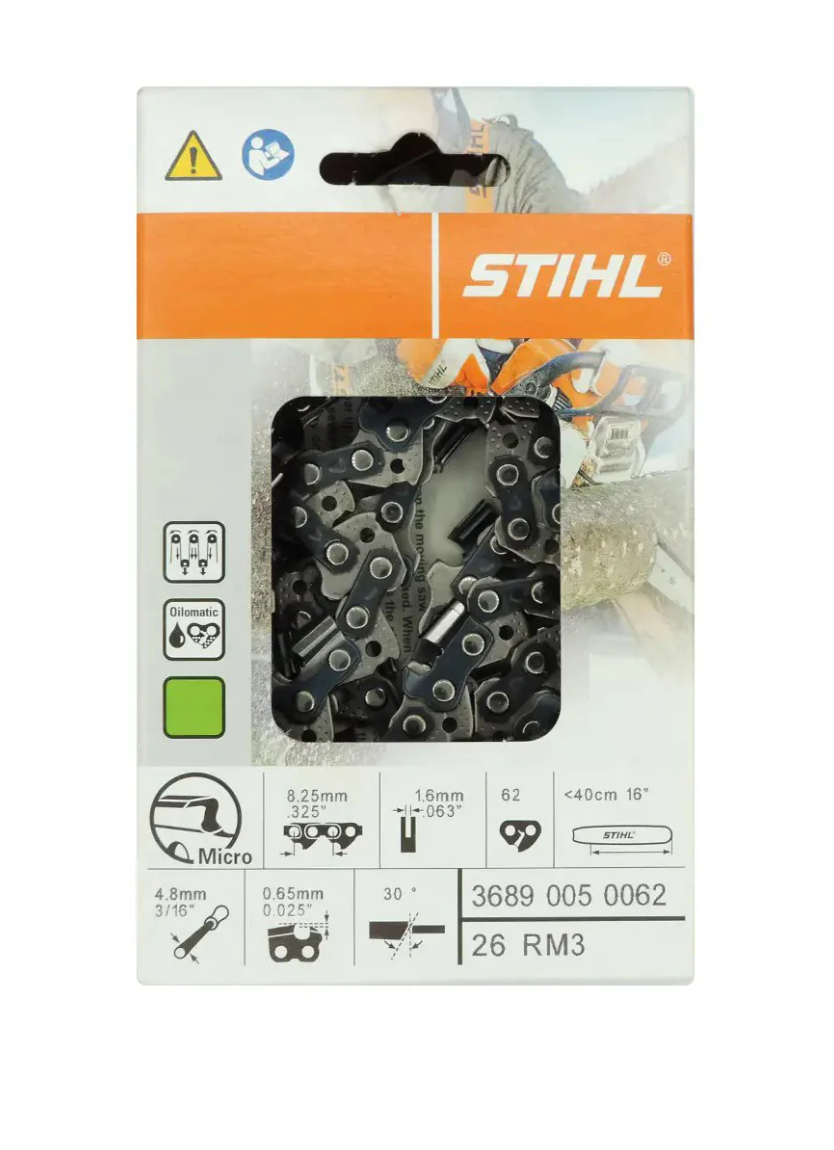 3689 005 0062 STIHL 26RM3 Saw Chain – .325” Pitch, .063” Gauge, 62 Drive Links (16”)