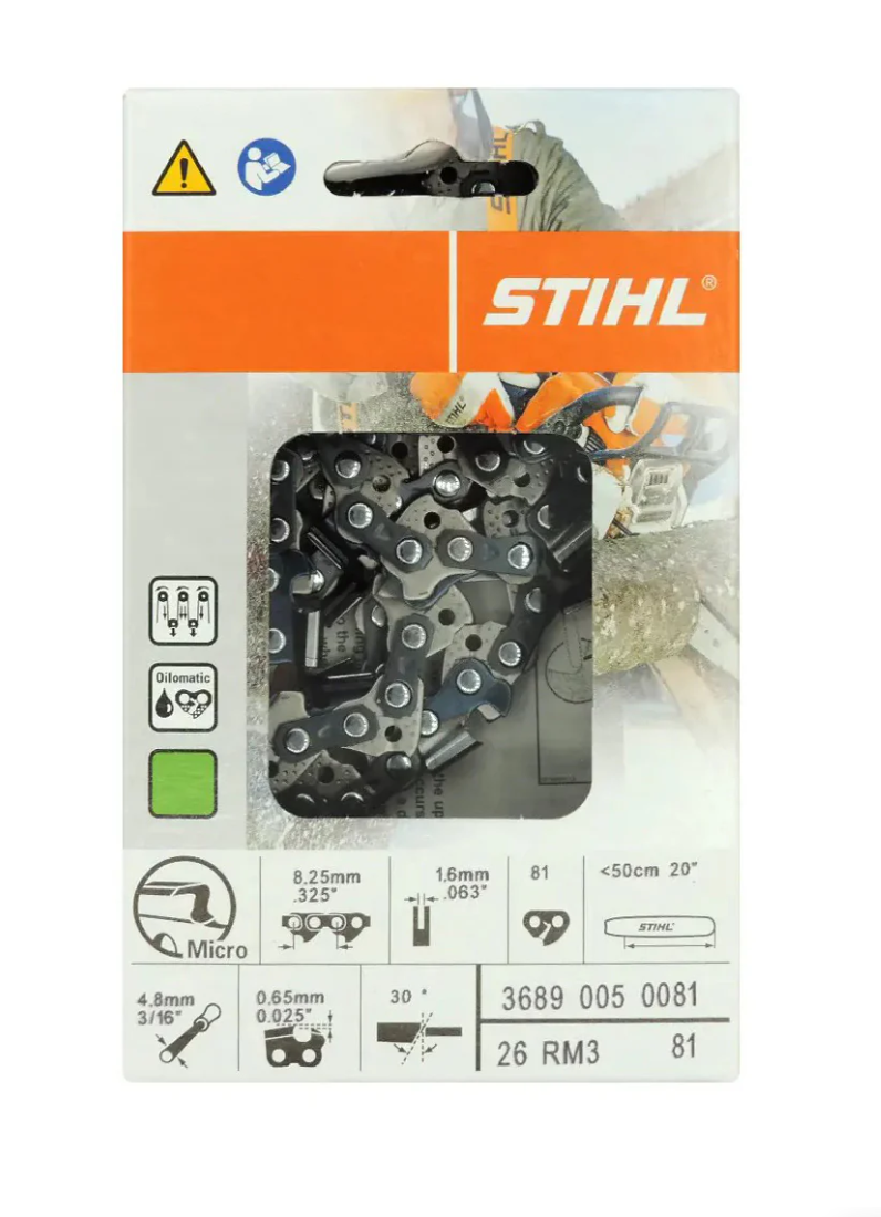 3689 005 0081 STIHL 26RM3 Saw Chain – .325” Pitch, .063” Gauge, 81 Drive Links (20”)