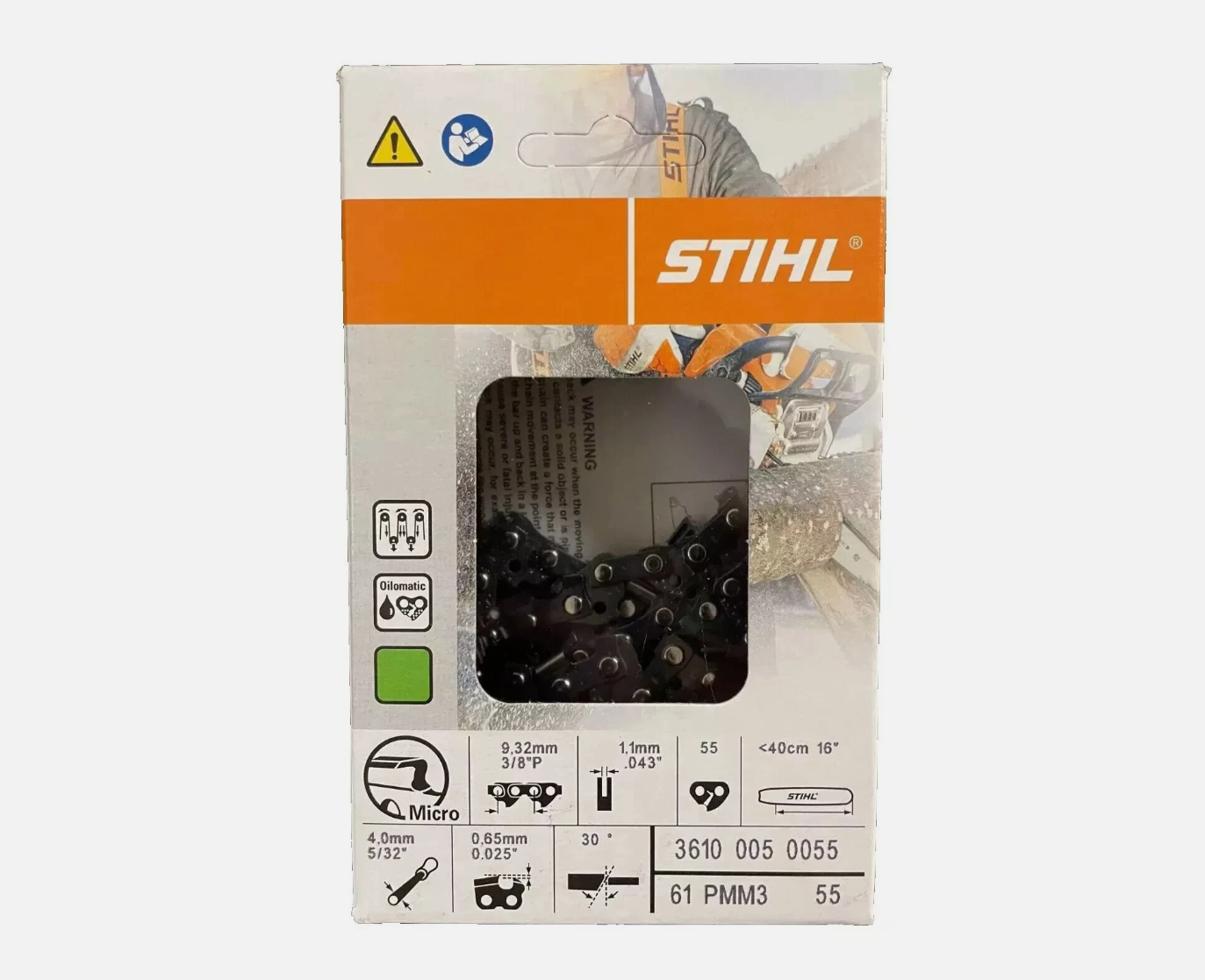 3610 005 0055 – STIHL 16" Chainsaw Chain, 3/8" Pitch, .050" Gauge, 55 Drive Links – RMC3 Semi-Chisel, Low-Kickback