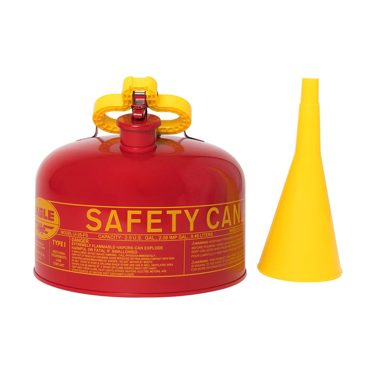Justrite UI-25-FS 2.5 Gallon Type I Safety Fuel Can | Metal Gasoline Safety Can with Flame Arrester