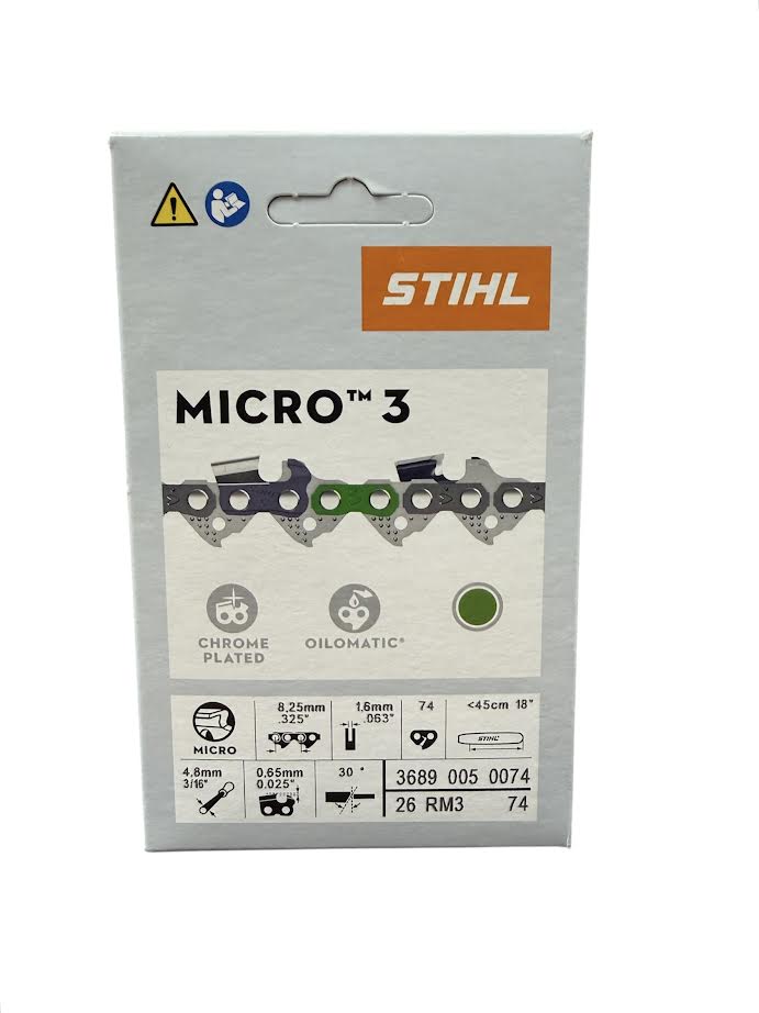 3689 005 0074 Stihl 26RM3 Rapid Micro .325" Chainsaw Chain — 74 Drive Links Semi-Chisel Low Kickback Genuine OEM Part
