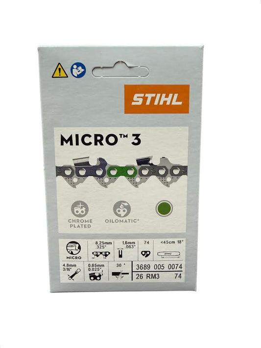3689 005 0074 Stihl 26RM3 Rapid Micro .325" Chainsaw Chain — 74 Drive Links Semi-Chisel Low Kickback Genuine OEM Part