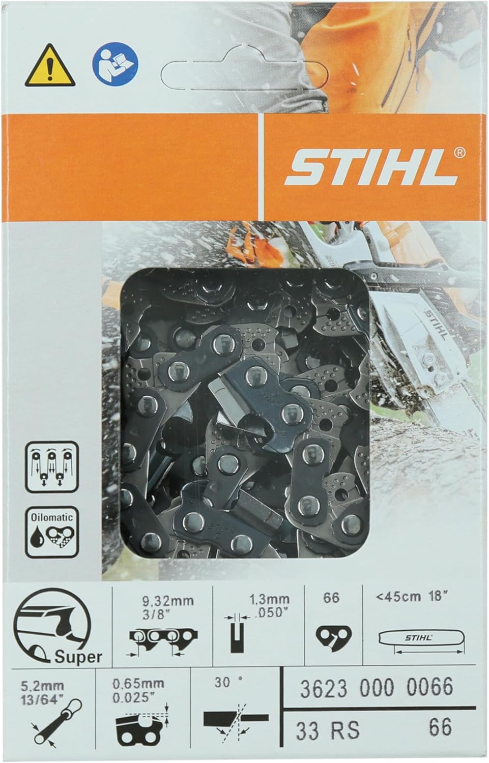 3623 005 0066 – STIHL 18" Chainsaw Chain, 3/8" Pitch, .050" Gauge, 66 Drive Links – 33RS Rapid Super Full Chisel