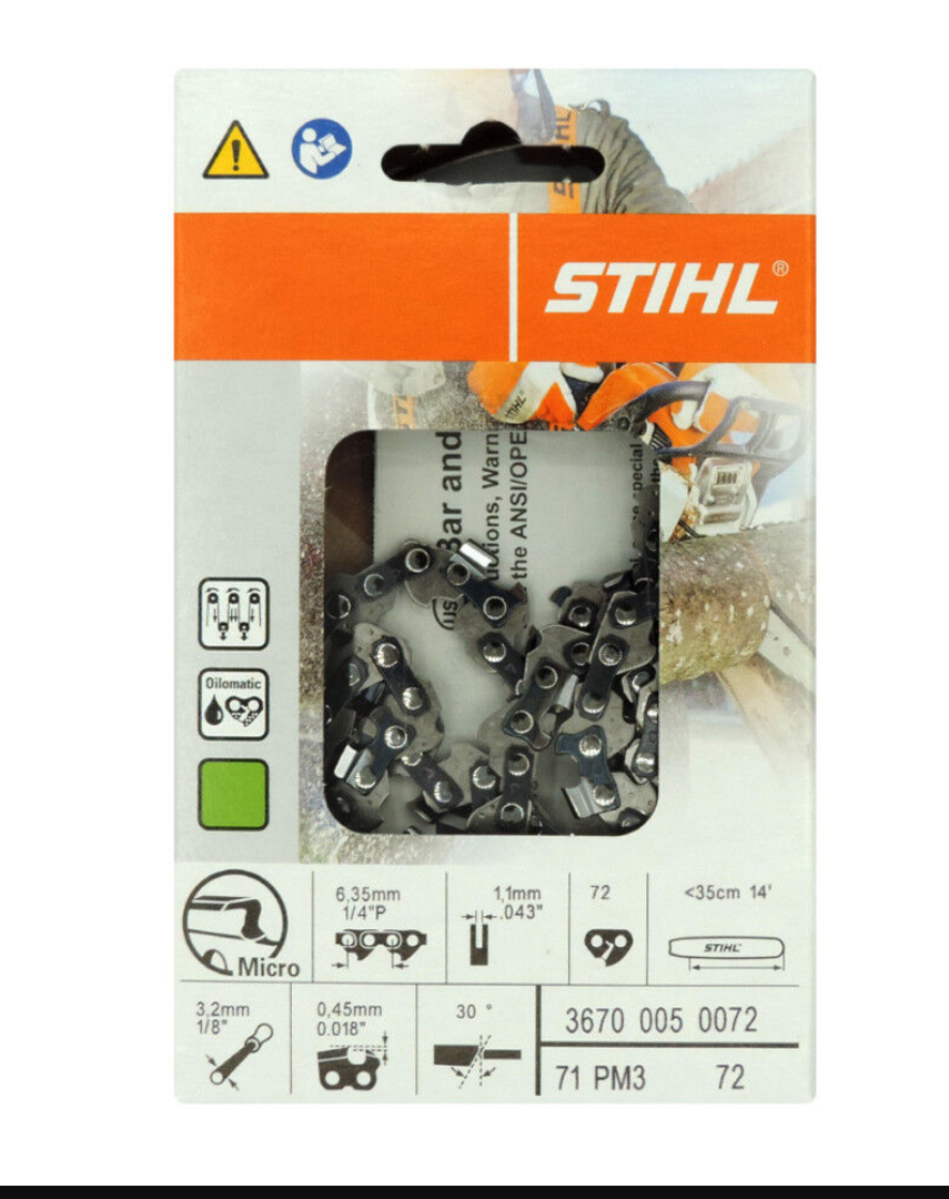 3670 005 0072 STIHL 71PM3 Saw Chain – 1/4” Pitch, .043” Gauge, 72 Drive Links (14”)