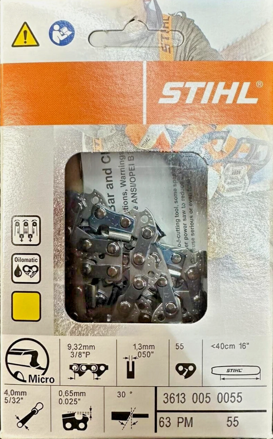 3613 005 0055 – STIHL 16" Full Chisel Saw Chain, 3/8" Picco Pitch, .050" Gauge, 55 Drive Links – 63PS3 Series